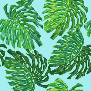 花卉热带无缝图案。棕榈叶龟背竹水彩背景的墙纸, 织物, 纺织, 包装纸。热带植物设计。矢量插图