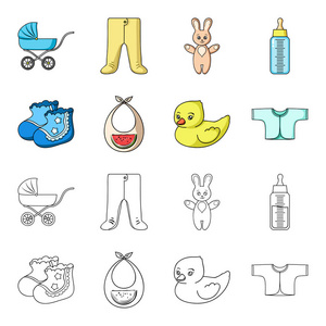袜子, 围兜, 玩具鸭, raspashonka。婴儿出生集合图标卡通, 轮廓风格矢量符号股票插画网站