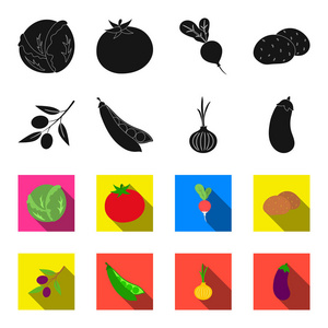 一个树枝上的橄榄, 豌豆, 洋葱, 茄子。蔬菜集合图标黑色, flet 风格矢量符号股票插画网站