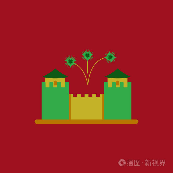 长城纪念碑中国平式长城中国新年庆典与烟花爆竹的矢量插图