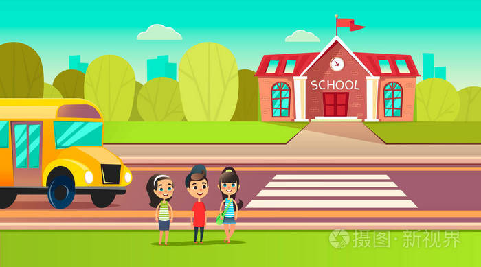 学校过马路.在学校前面的过渡.学生们将学习.返回学校概念