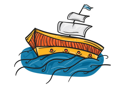 矢量卡通风格插画与老船与海.木帆船舶与海浪上白旗.纹身风格运输照片