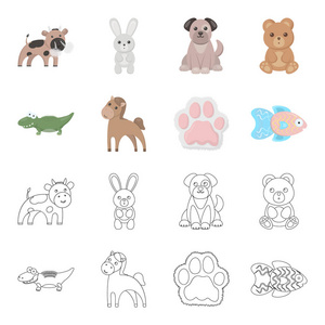 一个不切实际的卡通, 概述动物图标在集集合为设计。玩具动物矢量符号股票 web 插图