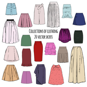 集合的服装，二十多彩矢量不同风格的裙子