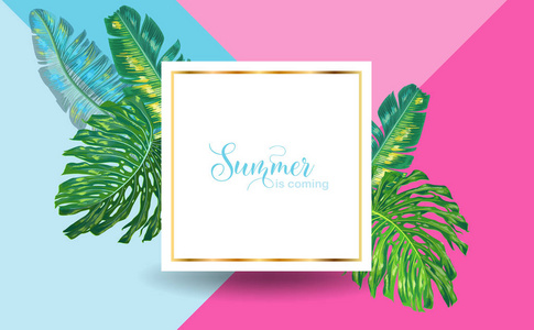 你好夏季热带设计与棕榈叶。海滩度假海报, 横幅。热带花卉背景 t恤, 传单, 封面。矢量插图