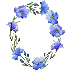 蓝色亚麻。花卉植物花。框边框装饰广场。背景质地包装图案框架或边框的水彩画野花
