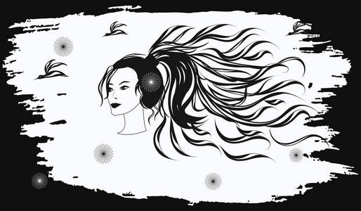 剪影女性面孔以长的头发垃圾背景与鸟和花媒介艺术例证