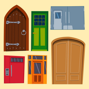 颜色的门前面到房子和建筑平面设计风格分离向量图现代新装饰开放雅致房锁