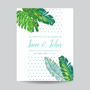 带棕榈叶的婚礼请柬模板。热带保存日期卡. 夏季植物设计海报, 贺卡. 矢量插图