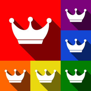 国王的皇冠标志。矢量。一套与平面阴影在红色 橙色 黄色 绿色 蓝色和紫色背景图标