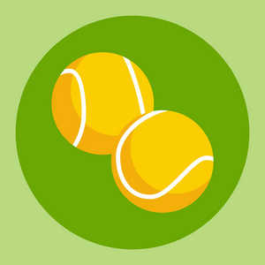 网球球图标。黄色的网球，在绿色背景上。体育器材。矢量图
