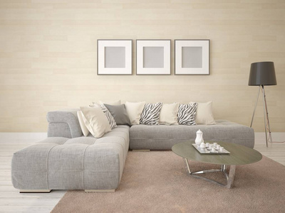 用浅色的沙发和时尚的背景来模拟时尚的起居室