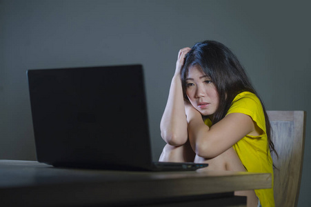 年轻的相当害怕和不堪重负的亚洲韩国妇女看起来紧张的笔记本电脑在网络欺凌概念被跟踪网络社交媒体上感到沮丧和害怕