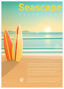 海景背景与冲浪板上的海滩 矢量 插图