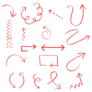 手绘制的箭头设置图标。铅笔素描符号的集合。白色背景上的矢量图