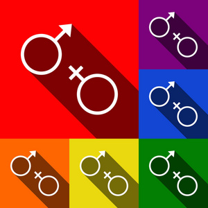 性的象征符号。矢量。一套与平面阴影在红色 橙色 黄色 绿色 蓝色和紫色背景图标