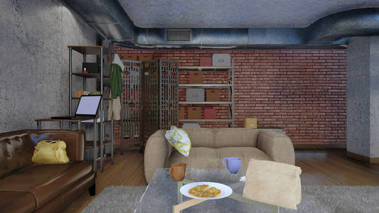 现代简约的客厅内有沙发, 茶几, 砖墙和金属通风栈在阁楼公寓。3d 从我自己的3d 渲染文件设计插图