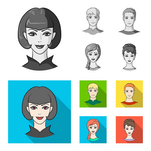 年轻人的不同外貌。头像和脸集图标单色, 平面式矢量符号股票插画网站