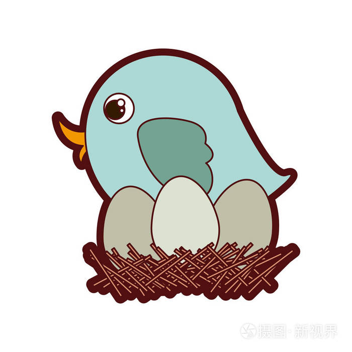 鸟在巢把鸡蛋放在特写的多彩厚剪影