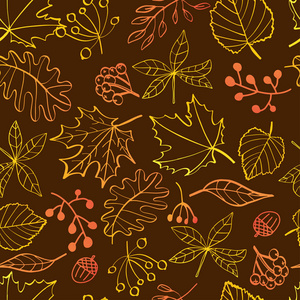秋叶无缝图案。深色的背景上有鲜艳的叶子。可用于网络印刷纺织等设计