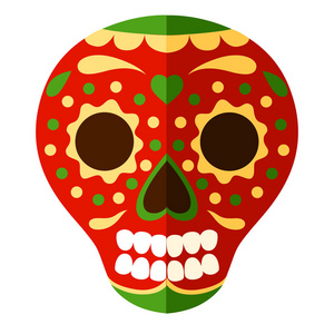 彩色墨西哥头骨面具。天的死头骨, 卡通风格。糖头骨与花元素。在白色背景上隔离的矢量平面插图