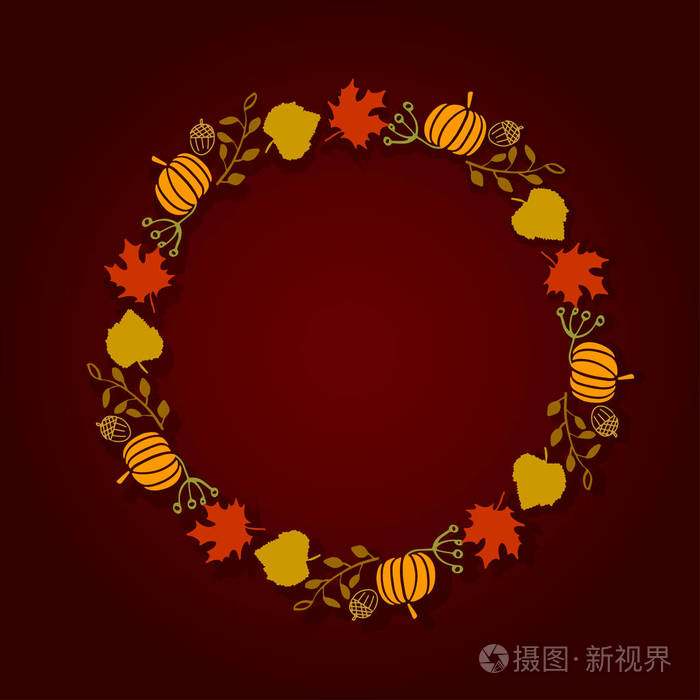 矢量插图圆花圈秋天叶子黄色绿色红色褐色颜色在布朗背景。可用于销售横幅, 网络, 感恩节贺卡