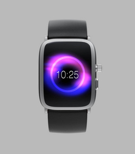 前视图的智能手表与黑色皮革腕带孤立的灰色背景。3d 渲染图像