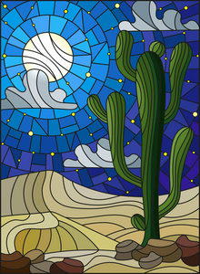 在彩色玻璃绘画风格与沙漠景观 仙人掌在 lbackground 的沙丘，满天星斗的天空，月亮图