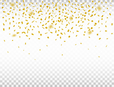 金色的五彩纸屑在透明的背景。弥散掉落的五彩纸屑。庆祝背景。矢量插图
