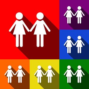 女同性恋家庭的标志。矢量。一套与平面阴影在红色 橙色 黄色 绿色 蓝色和紫色背景图标