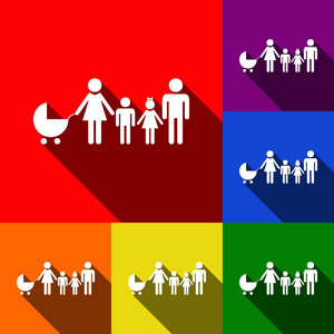 家庭标志图。矢量。一套与平面阴影在红色 橙色 黄色 绿色 蓝色和紫色背景图标