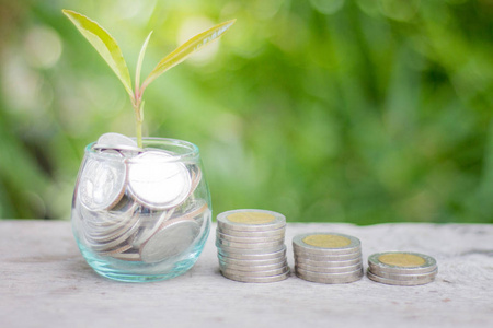 硬币和树在玻璃罐子装在木板材, 省钱想法和业务成长