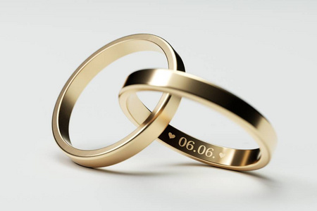 被隔绝的金黄婚礼圆环与日期6。六月