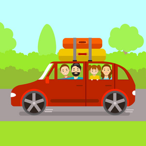 动画片家庭旅行由红色汽车向量图片