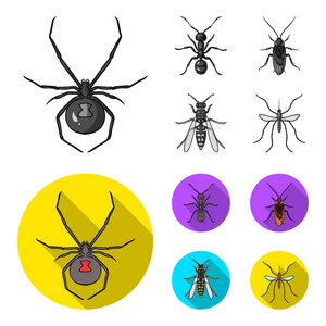 蜘蛛, 蚂蚁, 黄蜂, 蜜蜂。昆虫集合图标单色, 平面式矢量符号股票插画网站