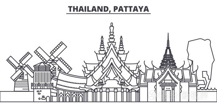 泰国, 芭堤雅线形城市景观, 著名地标, 城市景观, 矢量景观插画-正版