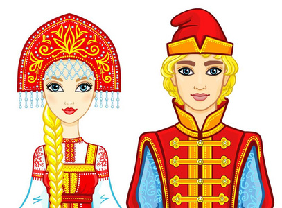 动画肖像的古代俄罗斯衣服的一个家庭。孤立在白色背景上的矢量图