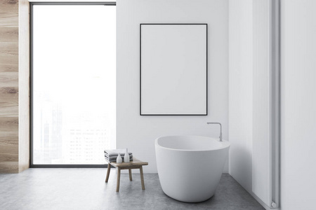 白色浴室内部有混凝土地板, 阁楼窗口和白色浴缸。墙上的垂直模拟海报框架。3d 渲染