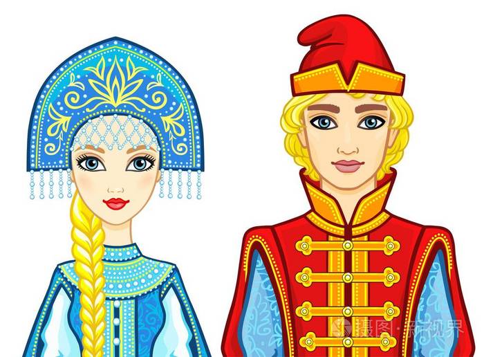 动画肖像的古代俄罗斯衣服的一个家庭.孤立在白色背景上的矢量图