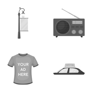 一个标志，一件 t 恤与题字，一台收音机，一辆轿车车顶灯柱。广告，在单色风格矢量符号股票图 web 设置集合图标
