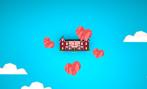 与它的心形状的蓝色天空下的 3d 房子。爱情观