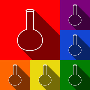 管。实验室玻璃标志。矢量。一套与平面阴影在红色 橙色 黄色 绿色 蓝色和紫色背景图标
