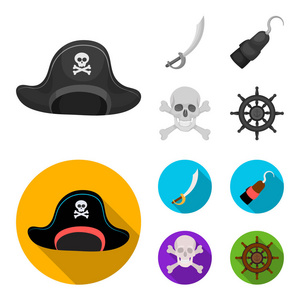 海盗, 强盗, 帽子, 钩子。海盗集合图标单色, 平面式矢量符号股票插画网站