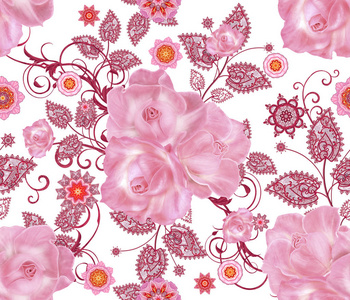 无缝模式。装饰装饰, 佩斯利元素, 精致的纹理叶子制成的精美花边和珍珠。宝石闪闪发亮的卷发, 芽粉彩粉红色的玫瑰。镂空编织精致