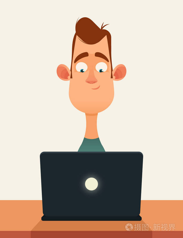 使用笔记本电脑的搞笑卡通人物
