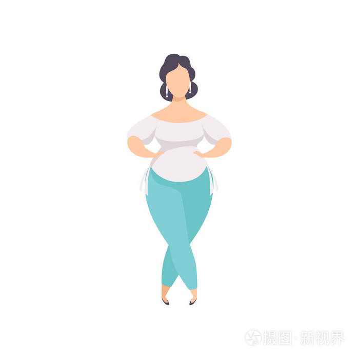 黑发曲线, 超重的女孩, 美丽的加尺寸的时尚女性, 身体正面矢量插图