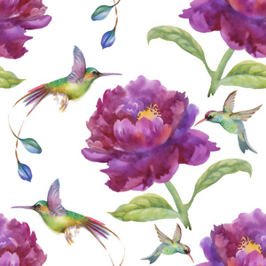 与紫色的花和鸟的模式