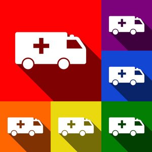救护车标志图。矢量。一套与平面阴影在红色 橙色 黄色 绿色 蓝色和紫色背景图标