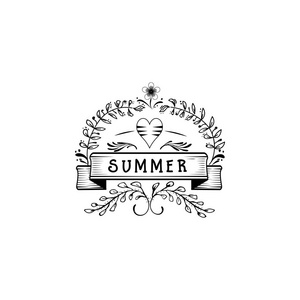 徽章作为设计夏天的一部分。贴纸 邮票 徽标手了。用花卉元素 书法 刻字