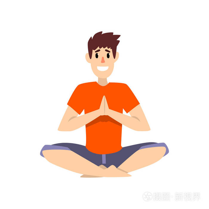 男子坐在称呼莲花姿势, 年轻人练习瑜伽矢量插图白色背景